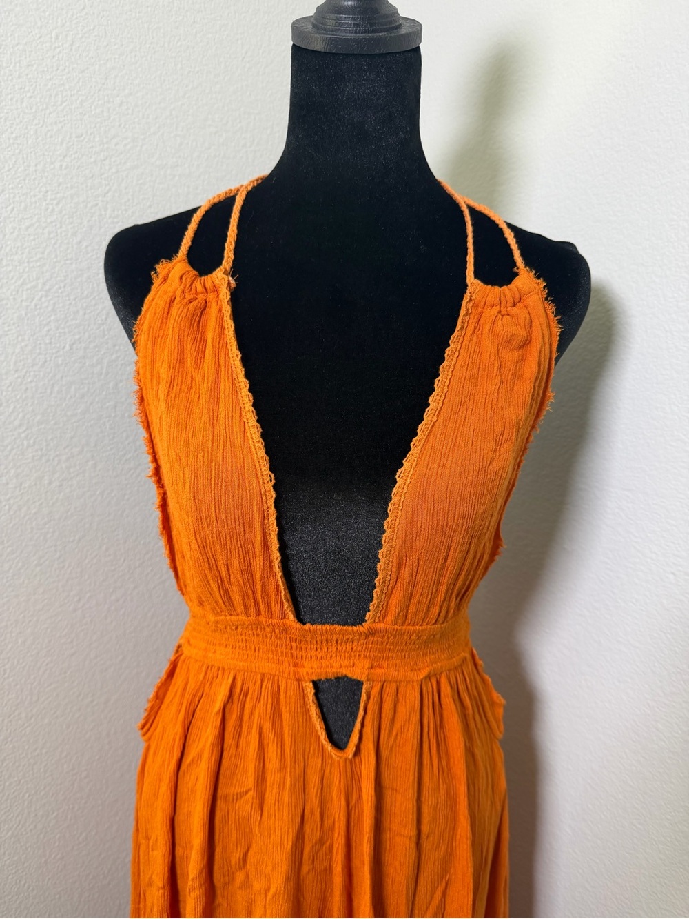 Free People Frayed Orange Look Into the Sun Maxi Dress Halter Bohemian Boho - Picture 4 of 16
